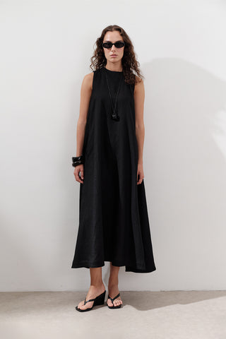 Linen Gathered Dress Black