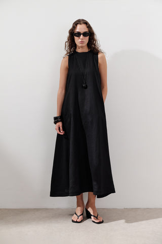 Linen Gathered Dress Black