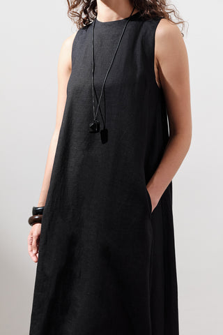 Linen Gathered Dress Black
