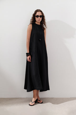 Linen Gathered Dress Black