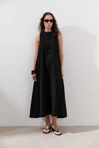 Linen Gathered Dress Black