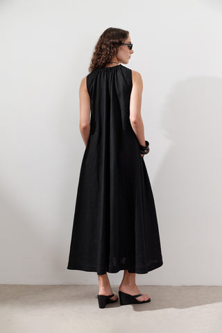 Linen Gathered Dress Black