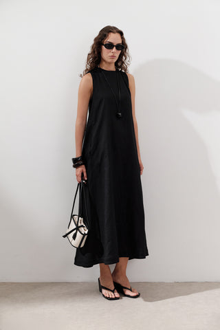 Linen Gathered Dress Black