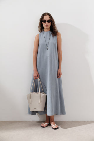 Linen Gathered Dress Blue