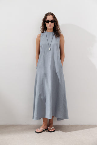 Linen Gathered Dress Blue