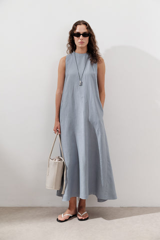 Linen Gathered Dress Blue