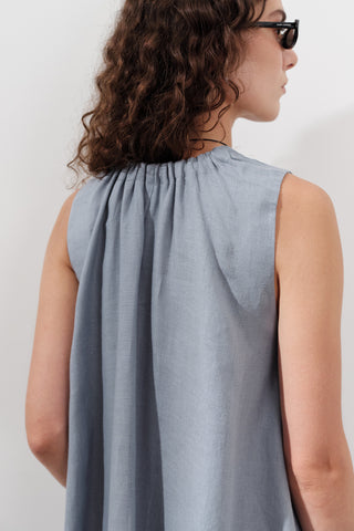 Linen Gathered Dress Blue