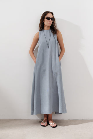 Linen Gathered Dress Blue