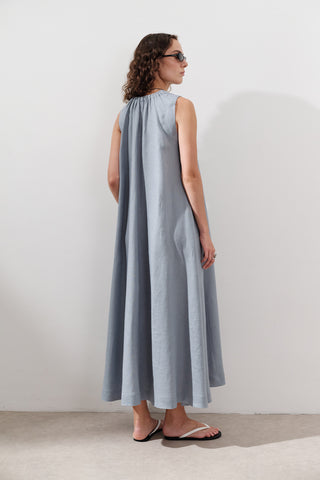 Linen Gathered Dress Blue