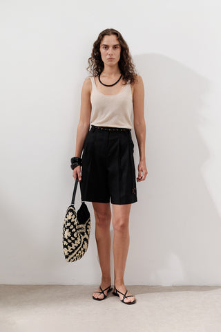 Linen Pleated Bermuda Shorts Black