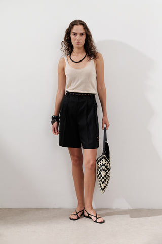 Linen Pleated Bermuda Shorts Black