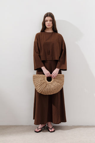 Cotton Wide-Sleeve Crop Blouse Brown