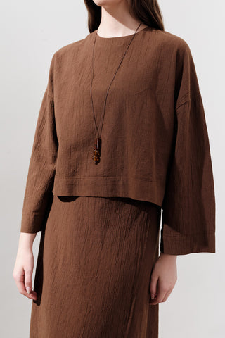 Cotton Wide-Sleeve Crop Blouse Brown