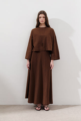 Cotton Wide-Sleeve Crop Blouse Brown