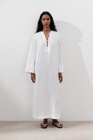 Linen Tie Detail Dress Ecru
