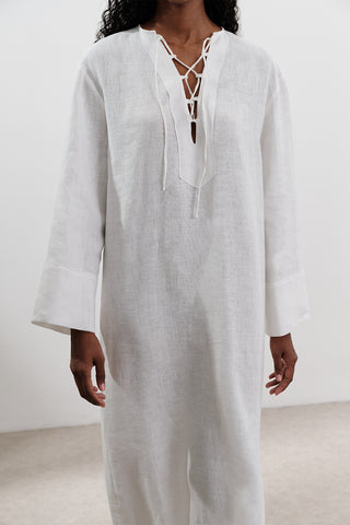 Linen Tie Detail Dress Ecru