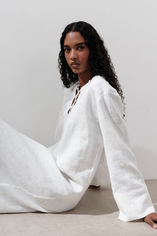 Linen Tie Detail Dress Ecru