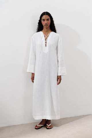 Linen Tie Detail Dress Ecru