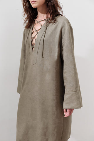 Linen Tie Detail Dress Khaki