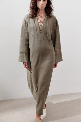 Linen Tie Detail Dress Khaki