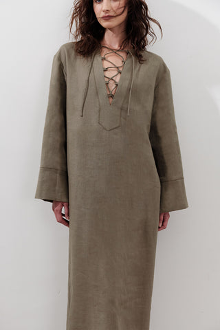 Linen Tie Detail Dress Khaki