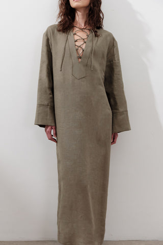 Linen Tie Detail Dress Khaki
