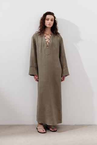 Linen Tie Detail Dress Khaki