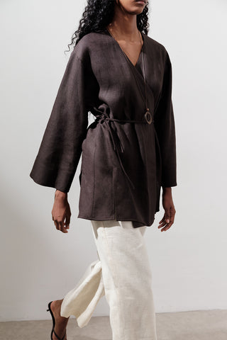 Linen Wrap Kimono Dark Brown