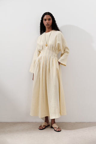 Linen Pleat Detail Dress Yellow