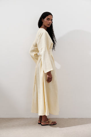 Linen Pleat Detail Dress Yellow