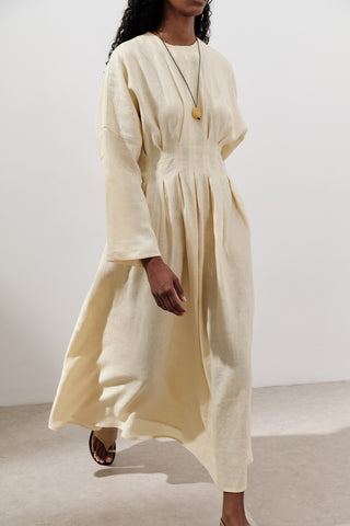 Linen Pleat Detail Dress Yellow