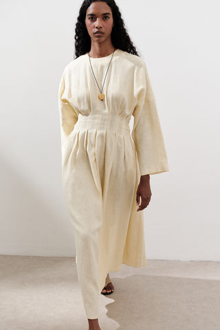 Linen Pleat Detail Dress Yellow