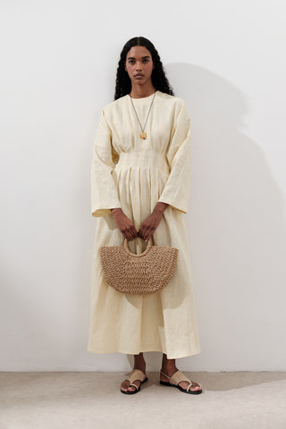 Linen Pleat Detail Dress Yellow