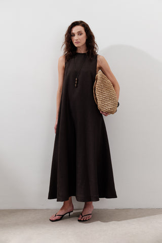 Linen Gathered Dress Dark Brown