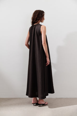 Linen Gathered Dress Dark Brown