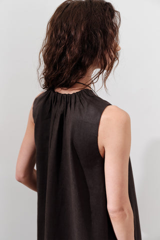 Linen Gathered Dress Dark Brown