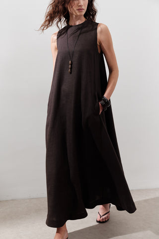 Linen Gathered Dress Dark Brown
