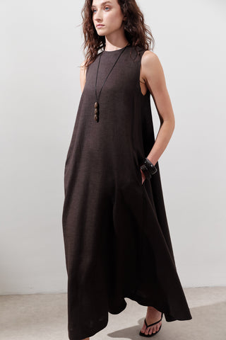 Linen Gathered Dress Dark Brown