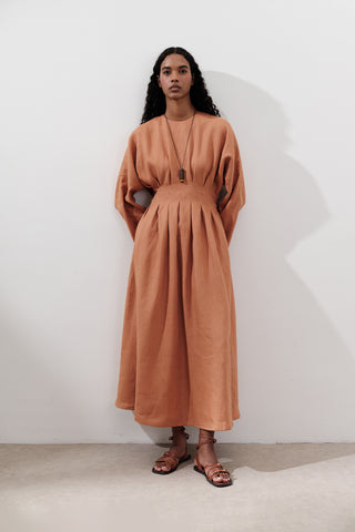 Linen Pleat Detail Dress Orange