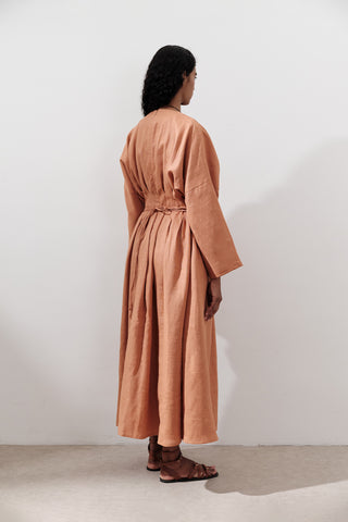 Linen Pleat Detail Dress Orange
