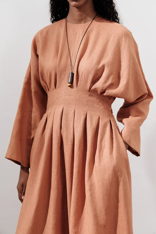 Linen Pleat Detail Dress Orange