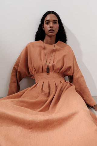 Linen Pleat Detail Dress Orange