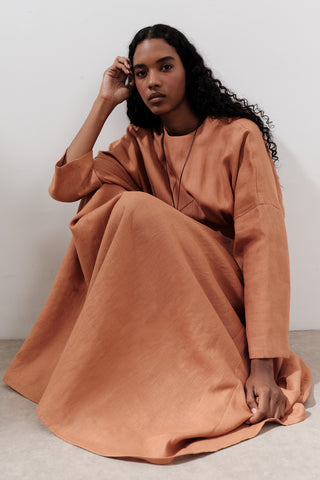 Linen Pleat Detail Dress Orange