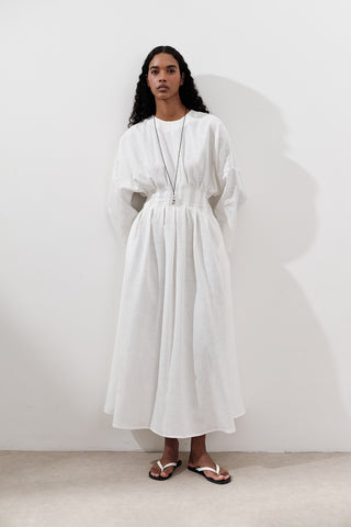 Linen Pleat Detail Dress Ecru