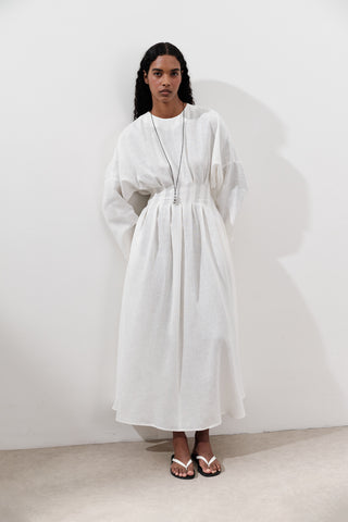 Linen Pleat Detail Dress Ecru