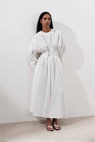 Linen Pleat Detail Dress Ecru