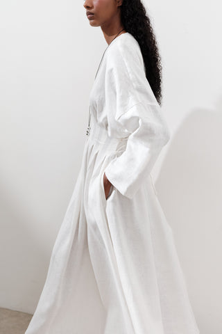 Linen Pleat Detail Dress Ecru