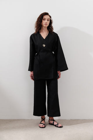 Linen Wrap Kimono Black