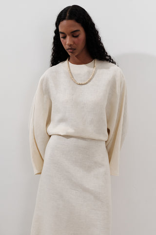 Bağcıklı Keten Elbise Vanilya