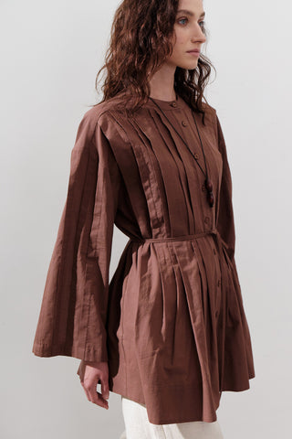 Pleated Wide-Sleeve Tunic Warm Brown